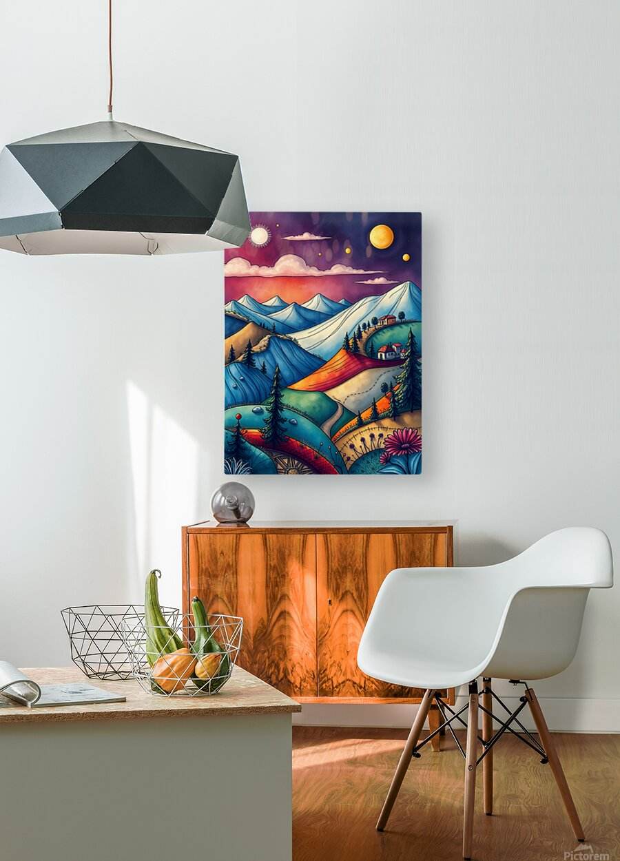 Colorful abstract landscape wall art with blue mountains, warm valley, stars and planets