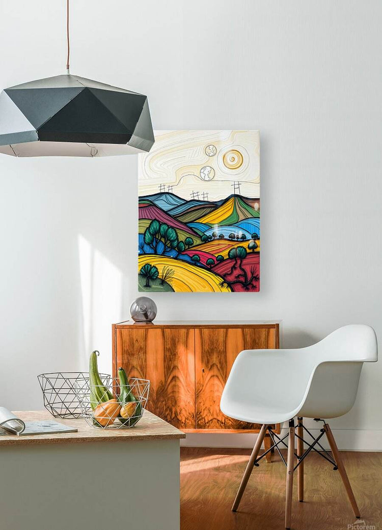 Small abstract landscape wall art with colorful hills, trees, and spiral planet details