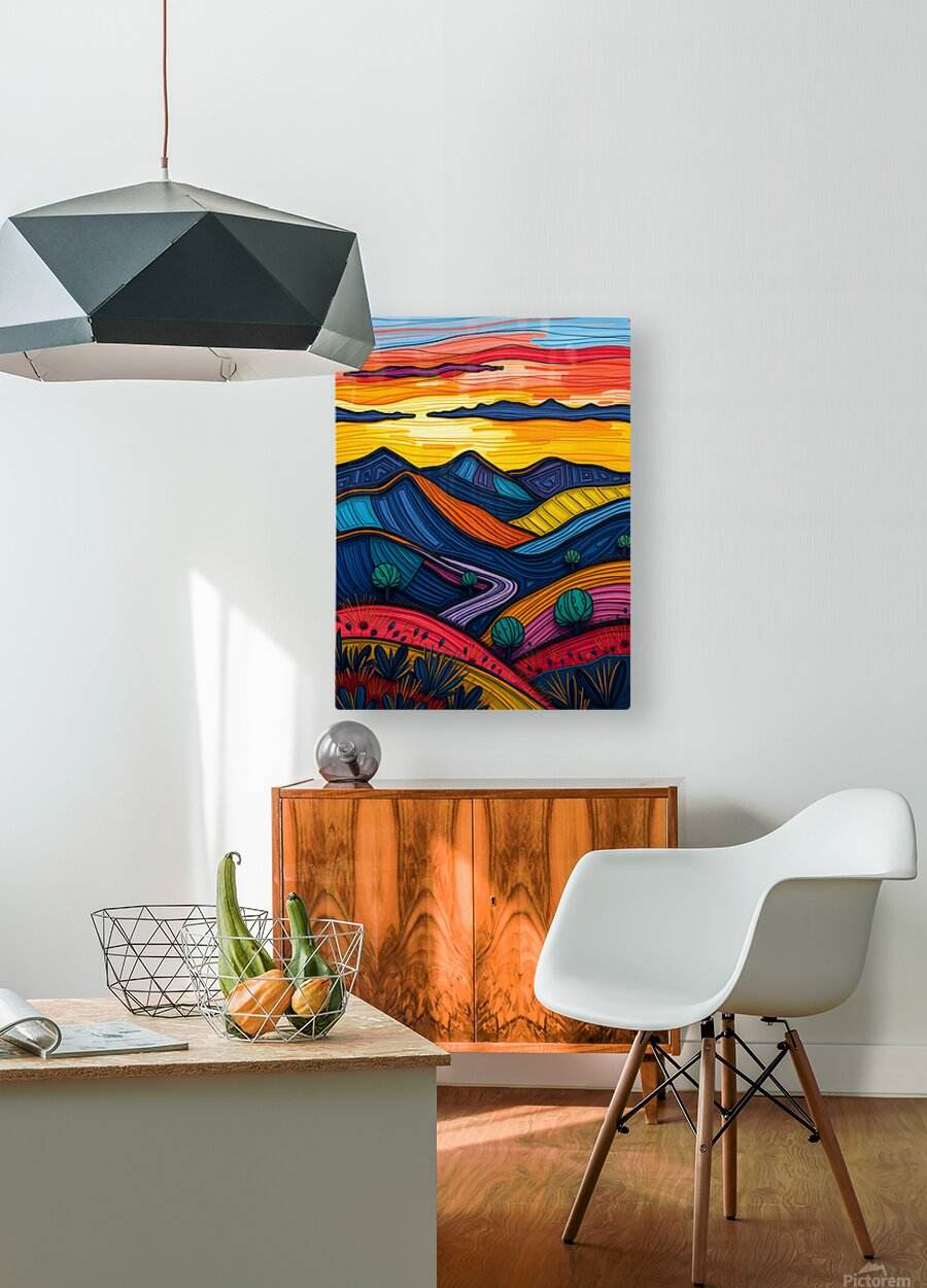 Abstract landscape wall art in small frame, with rainbow mountains and curved red ridge.
