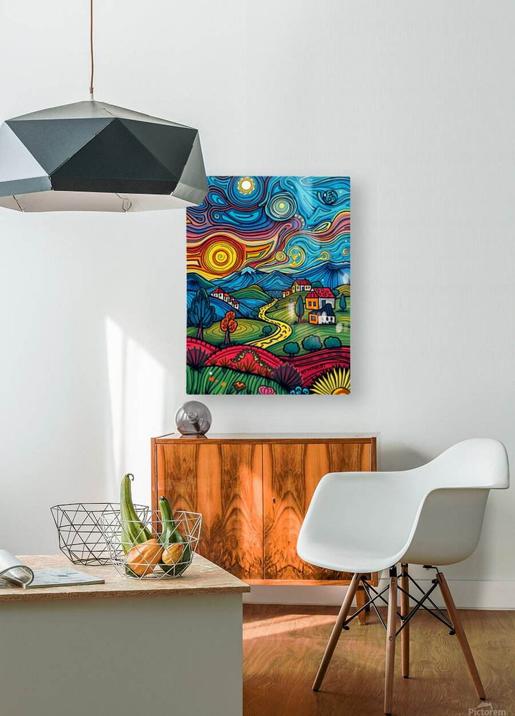 Colorful abstract landscape in frame, swirling sky, winding road, mountains and houses.