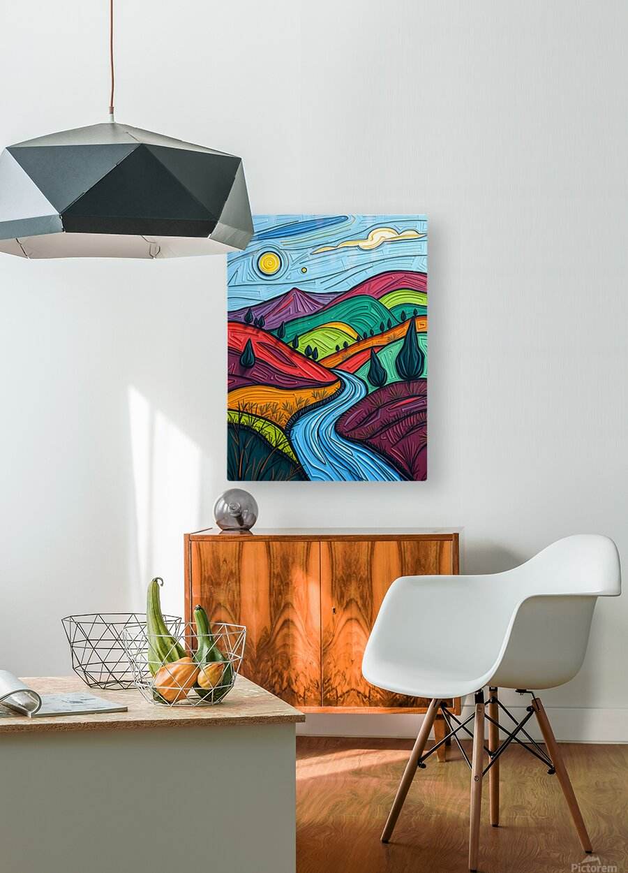 Colorful abstract landscape canvas with winding blue river, neon hills, and stylized trees.