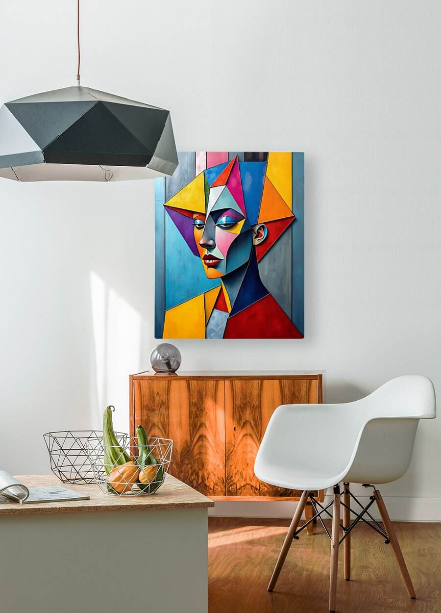 Geometric cubist portrait artwork, small square canvas with faceted portrait and vivid contrasting colors.