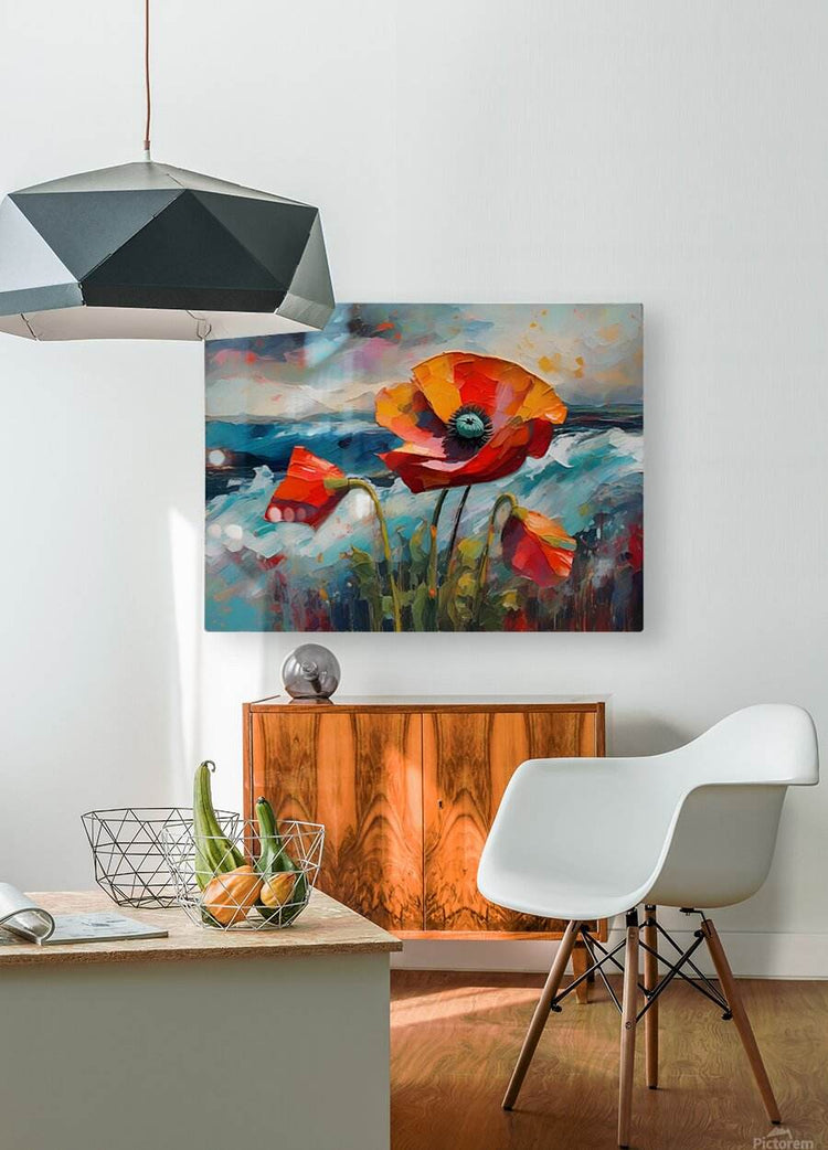 Horizontal canvas print of orange poppy flowers with teal centers and green stems