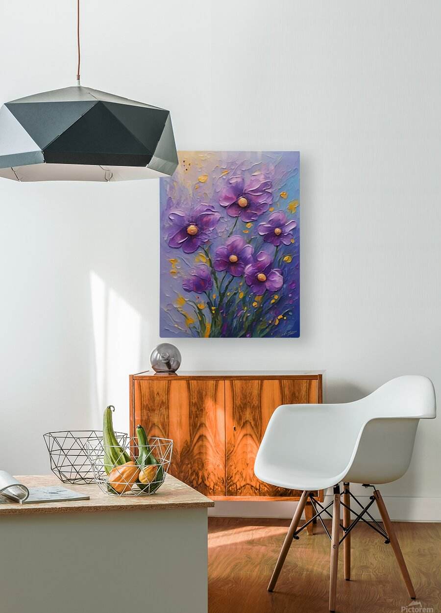 Purple and gold textured floral wall art panel with dimensional paint effects.