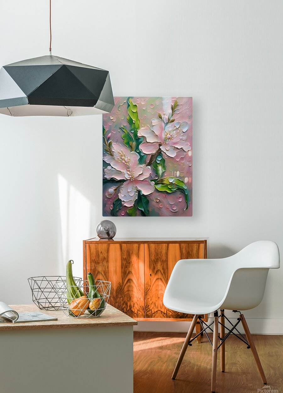 Square textured floral wall art with pink blossoms, green leaves, and 3D-raised petals
