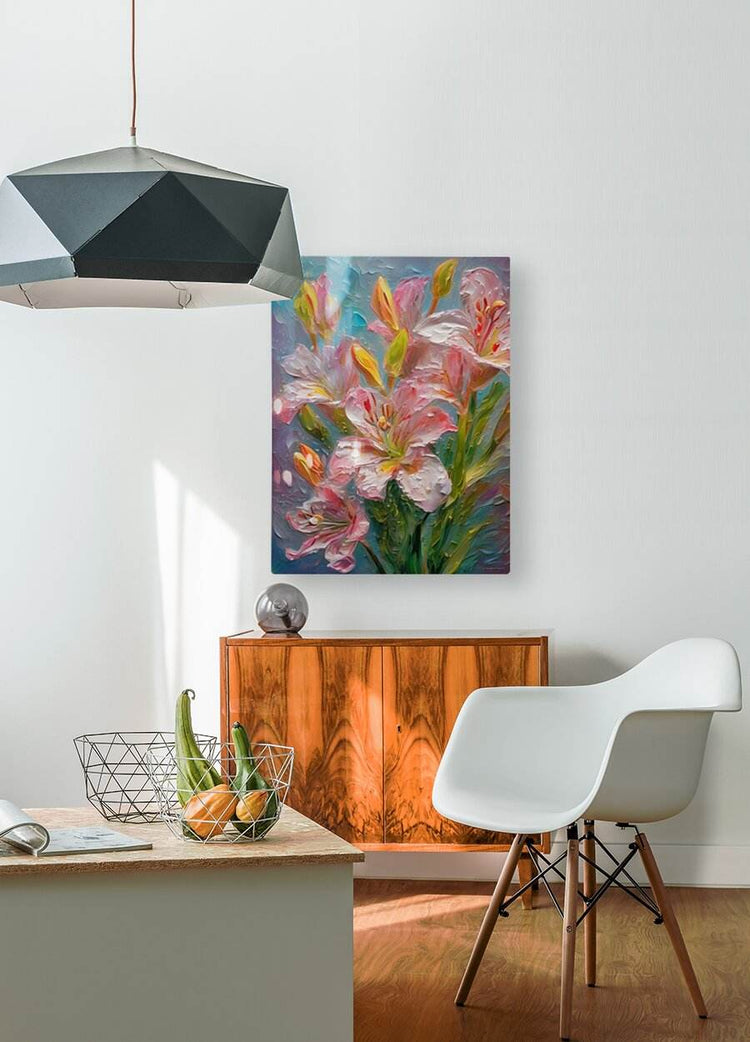 Floral wall canvas print with pink and white flowers and green stems