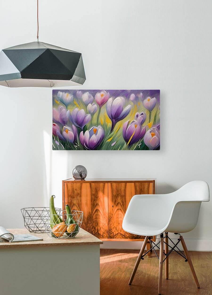 Tulip floral artwork print with purple and white flowers and green foliage