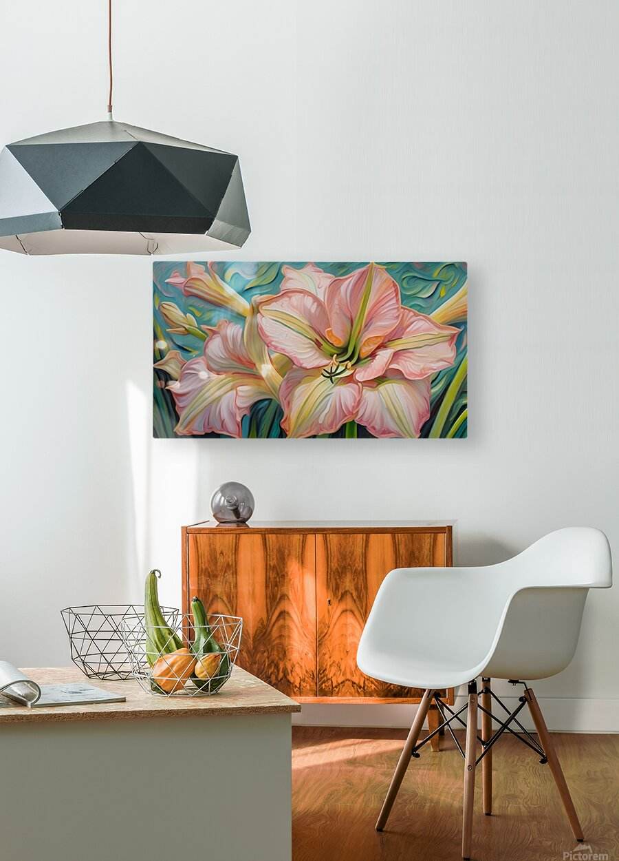 Horizontal floral canvas wall art with pink lily petals and teal-green leafy backdrop
