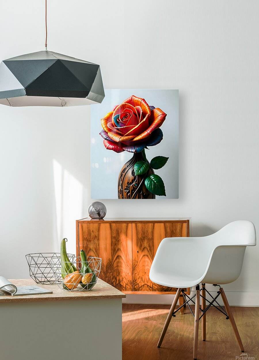 Rose wall art print with red-orange petals, blue shading, and green leaves