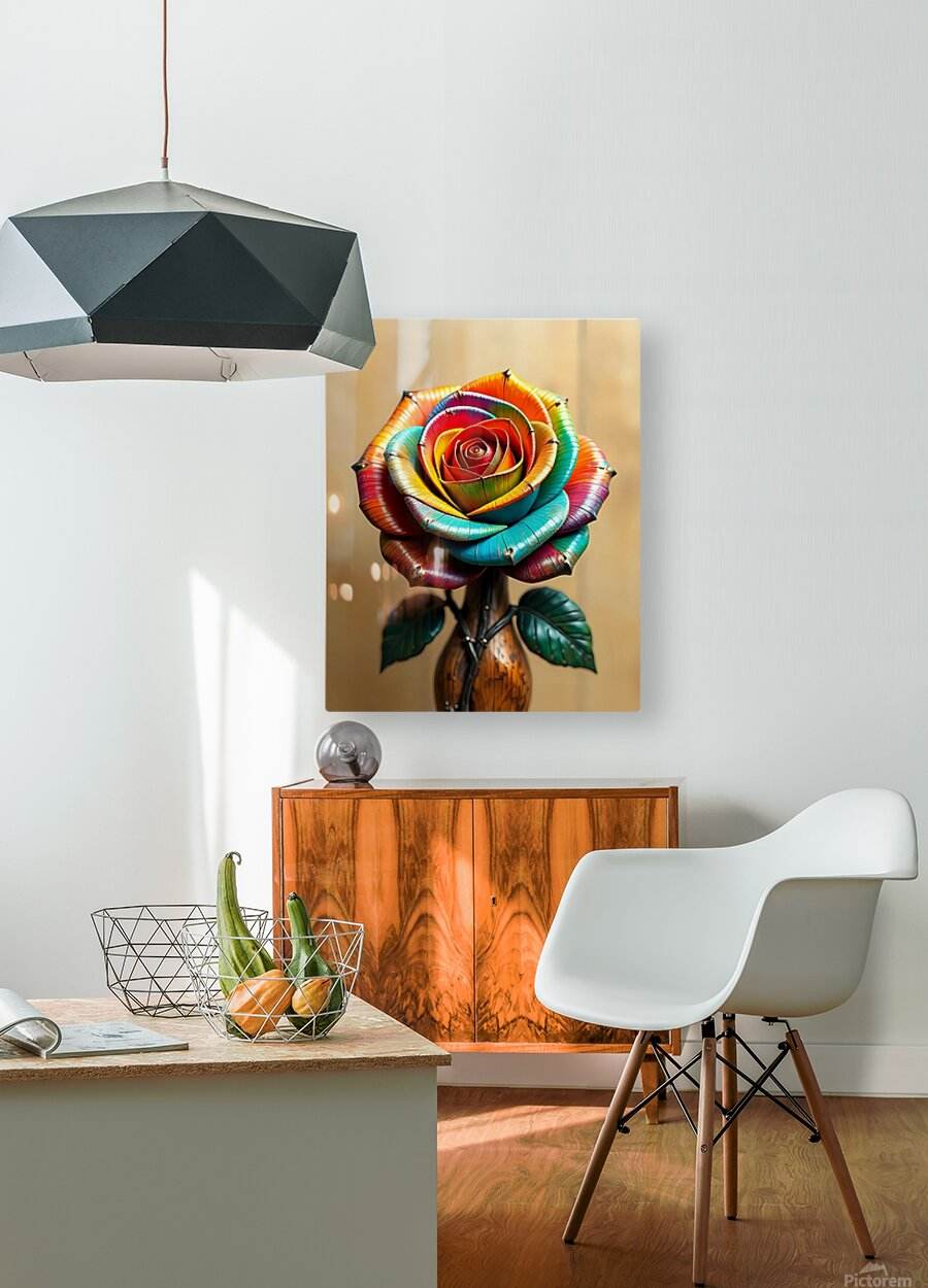 Framed metallic rainbow rose wall art with layered petals and green leaves