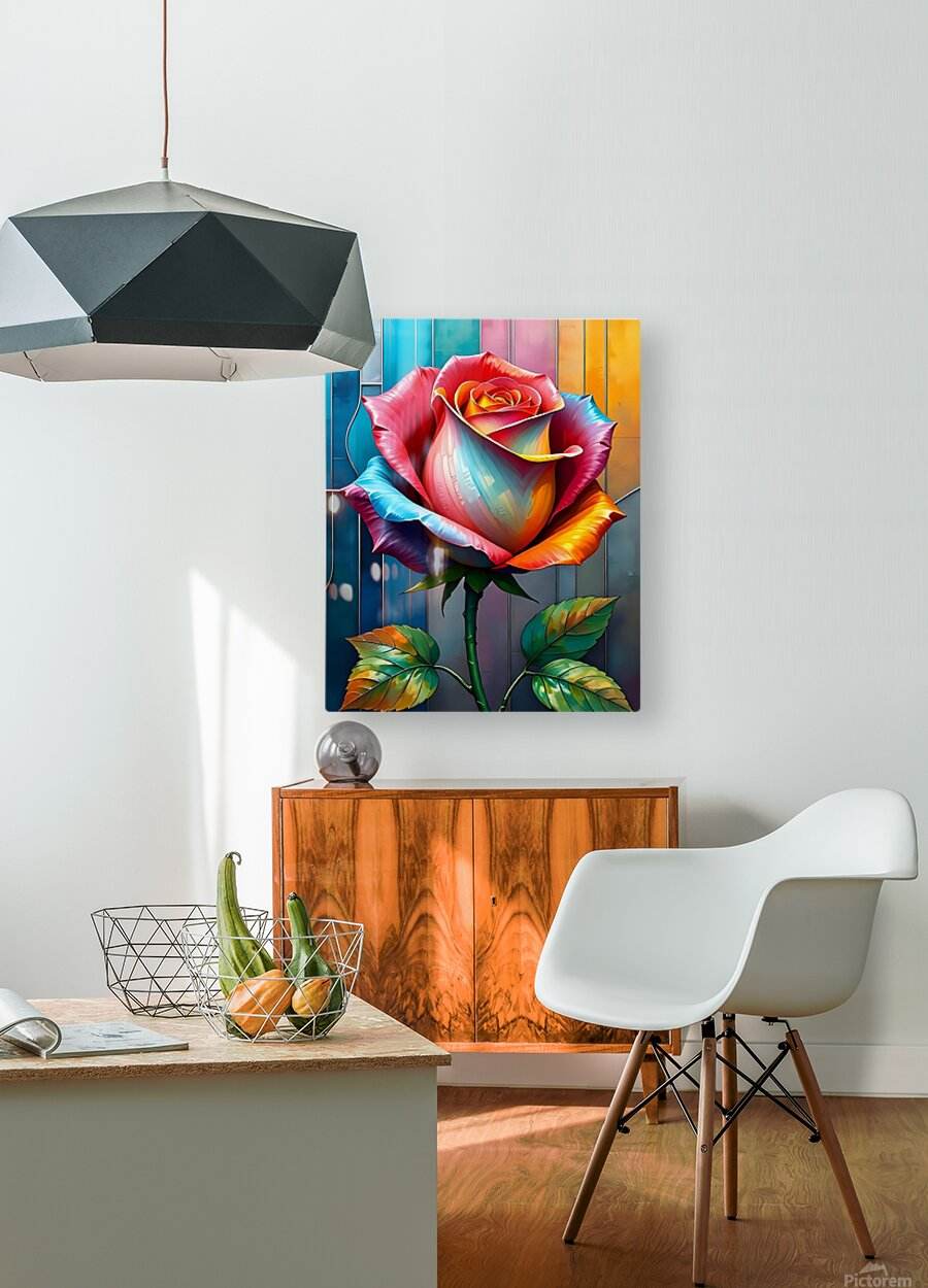Colorful rose wall art print featuring a multicolor stained-glass flower and green foliage