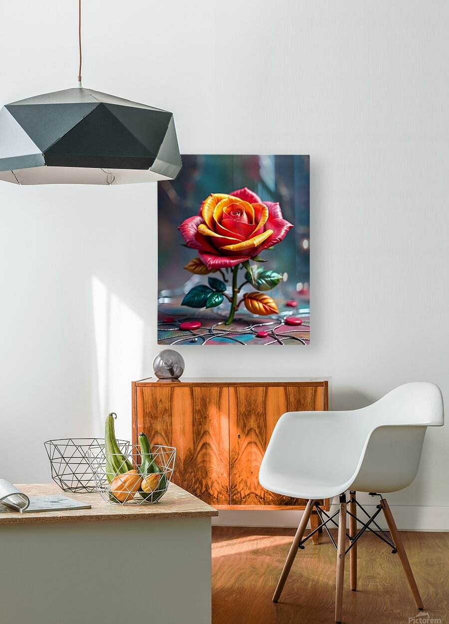 Rose wall art on a small canvas, showing glossy red, yellow petals and green leaves
