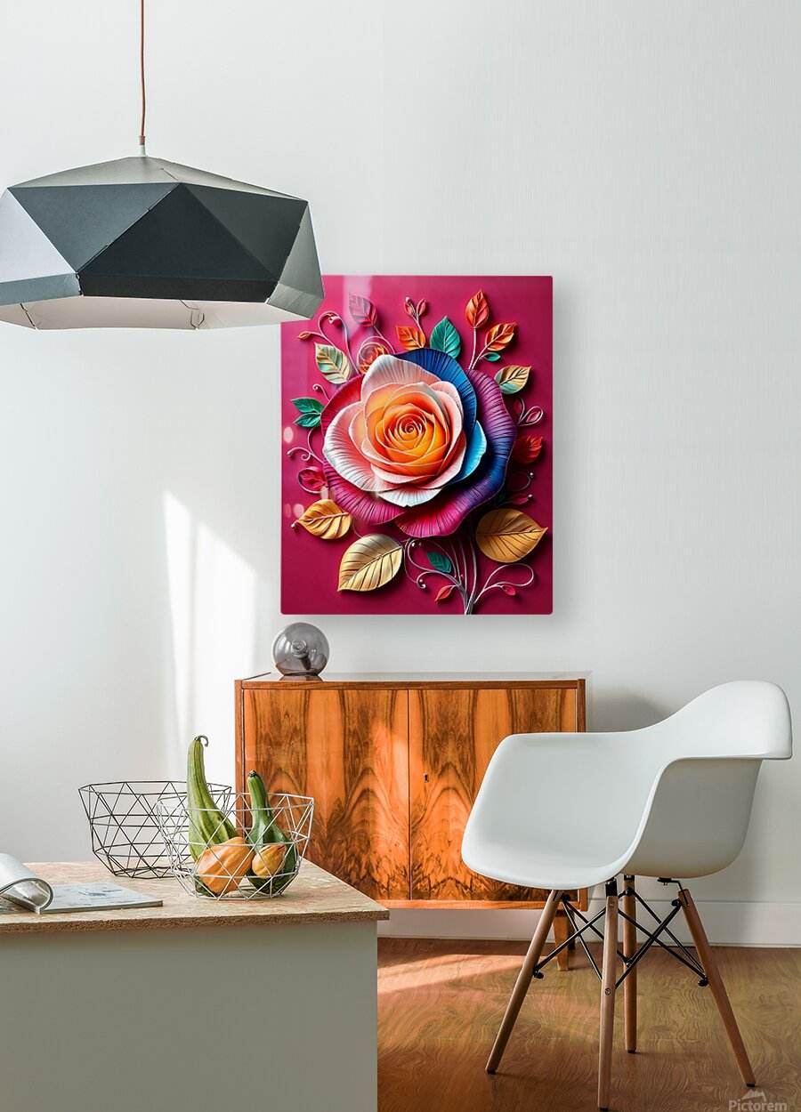Square paper-quilled rose wall art with orange center, blue and purple petals, and leaves