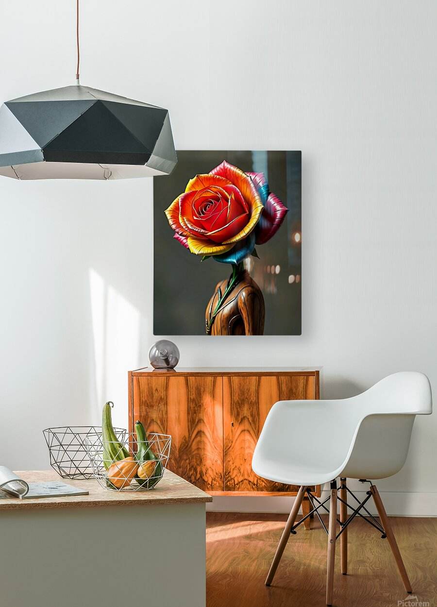 Square rose wall art print featuring a red metallic rose with rainbow highlights