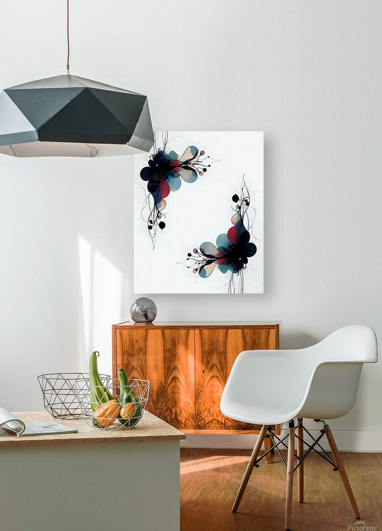 Abstract floral wall art with black blossoms, teal and red petals, and delicate scribble lines.