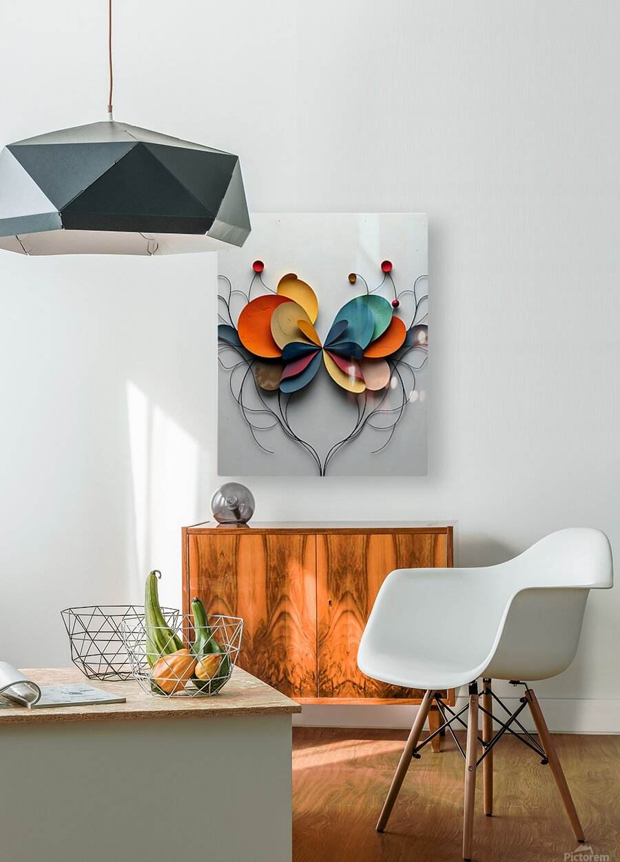 Abstract floral wall art with dimensional petals in red, orange, blue, and yellow and black vine wires