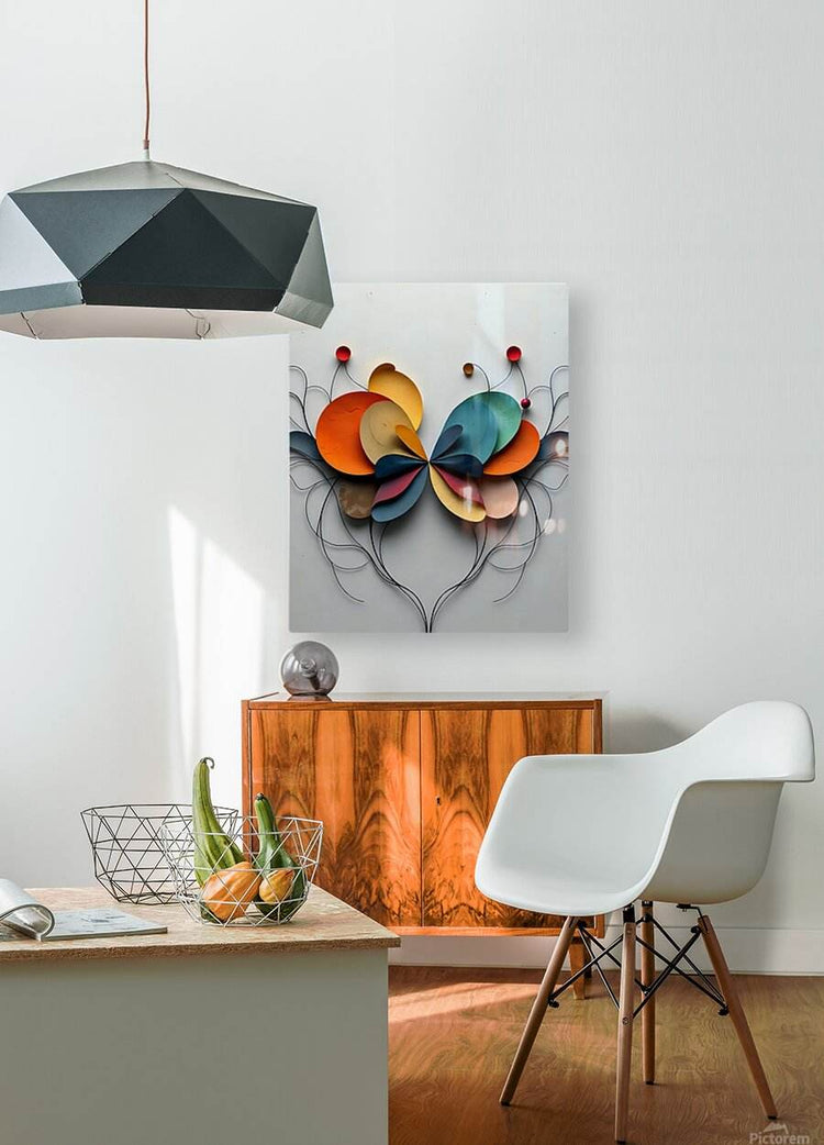 Abstract floral wall art with dimensional petals in red, orange, blue, and yellow and black vine wires