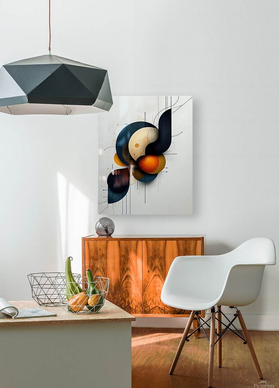 Abstract geometric wall art with layered dark navy shapes, cream oval, and glowing orange-red circle