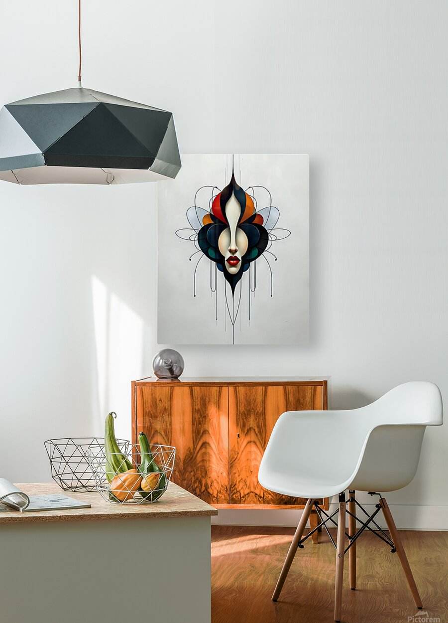 Surreal portrait wall art print with pale face and red lips, dark blue petals, orange highlights