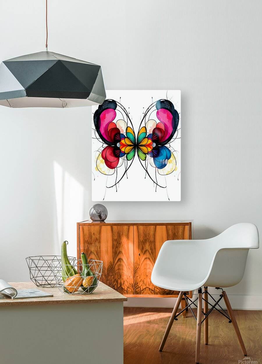 Framed abstract butterfly wall art with bright pink, red, blue wings and thin black linework.