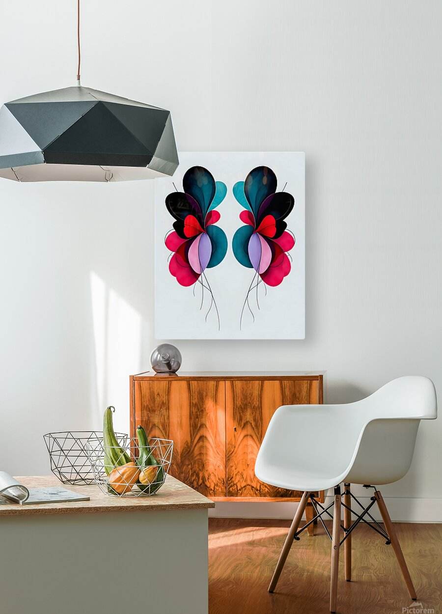 Symmetrical floral wall art print with two mirrored bouquets and layered teal and red petals