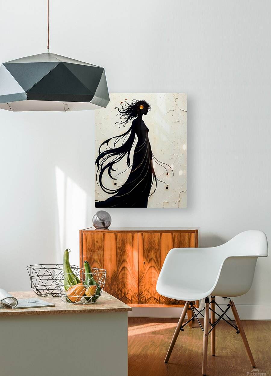 Small framed silhouette woman wall art with black flowing hair on light beige background
