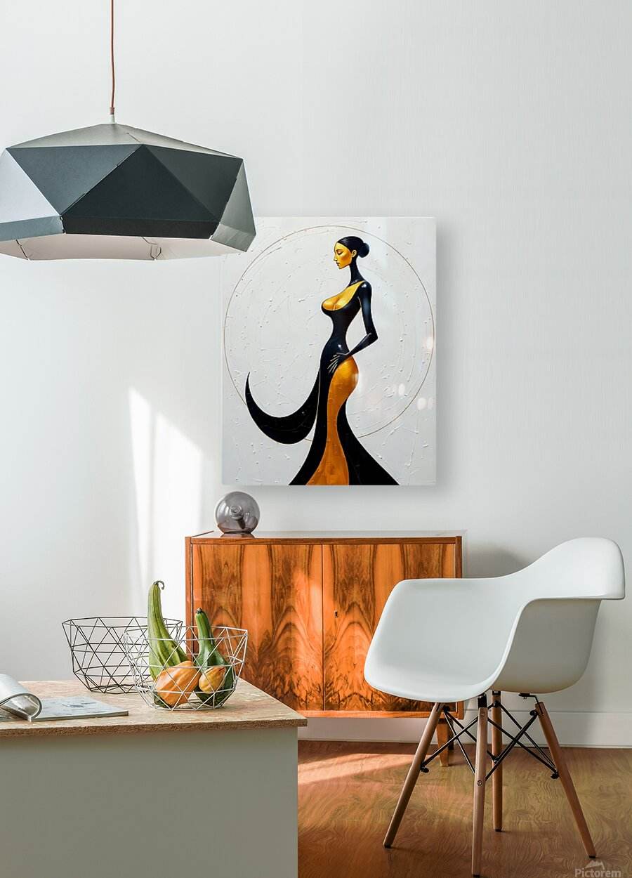 Small square wall art print of a stylized woman in black and gold, abstract circular form