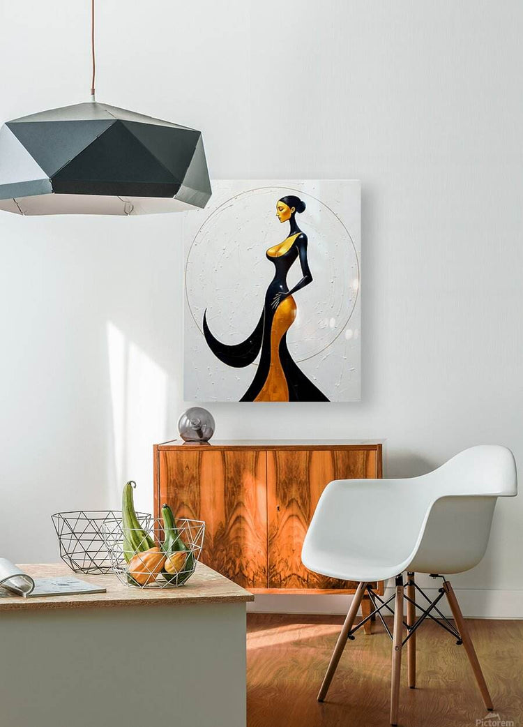 Small square wall art print of a stylized woman in black and gold, abstract circular form