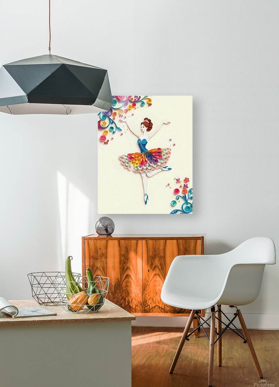 Quilled paper ballerina wall art with blue tutu and colorful flower paper curls