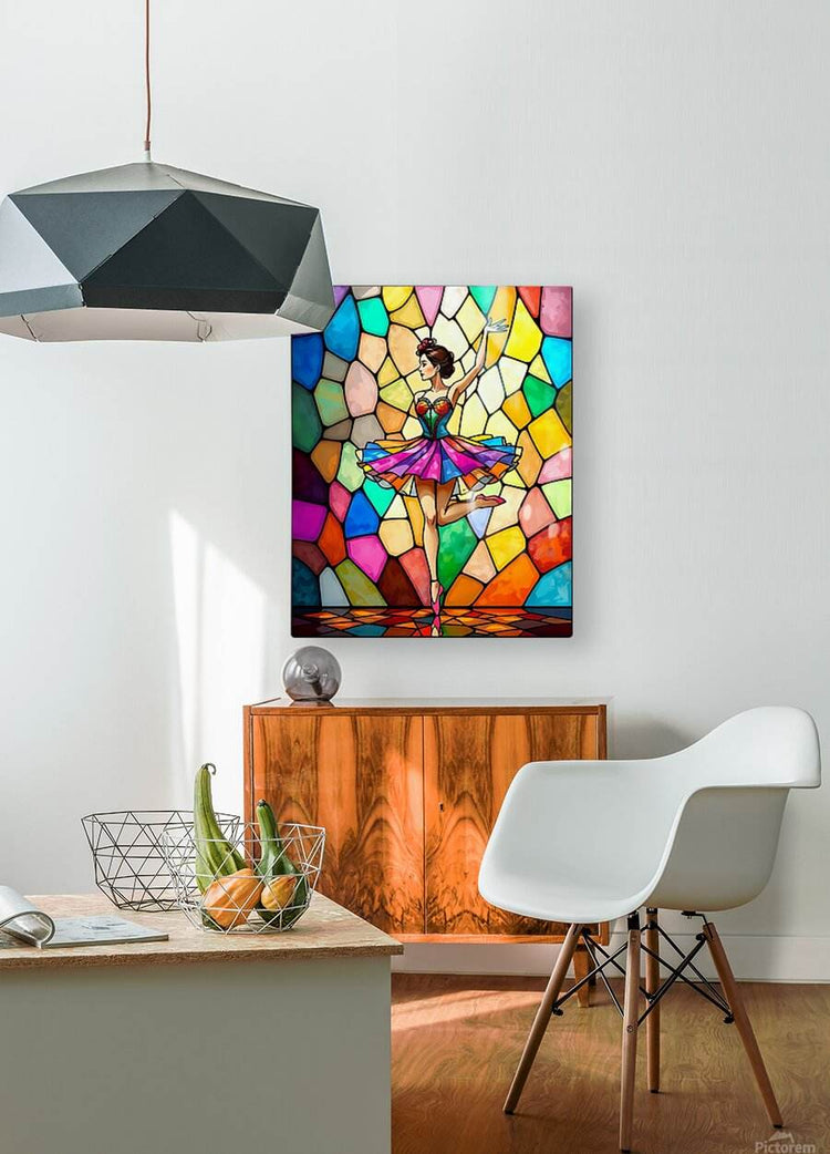 Framed canvas print of a ballerina standing in colorful stained-glass mosaic artwork.