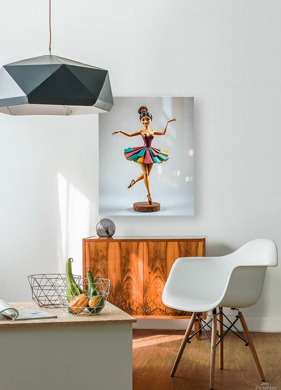 Ballerina wall print: maroon leotard, multicolor tutu, standing on round wood base.