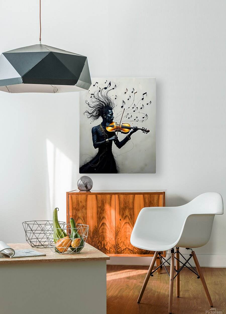 Wall art canvas of violinist woman with black dress, orange violin, and music notes