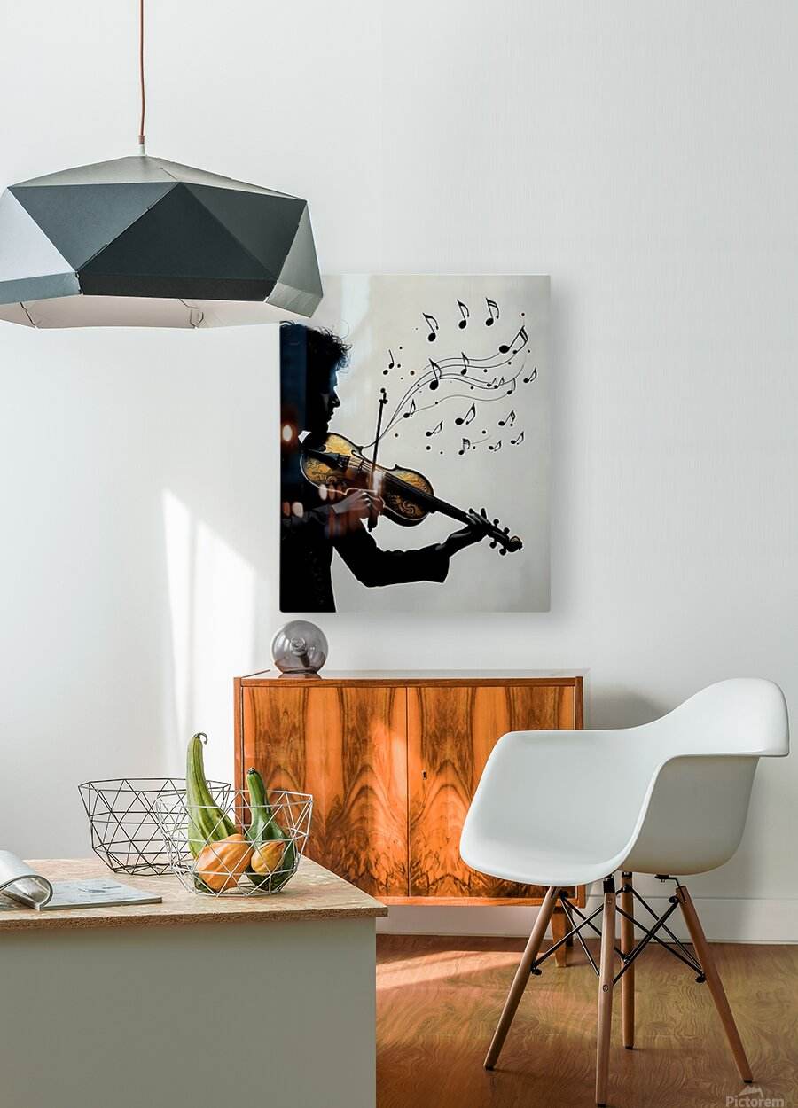 Silhouette violinist wall art with musical notes on square canvas