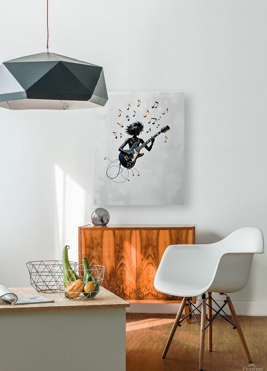 Rock guitarist wall art on wall with electric guitar and floating music notes