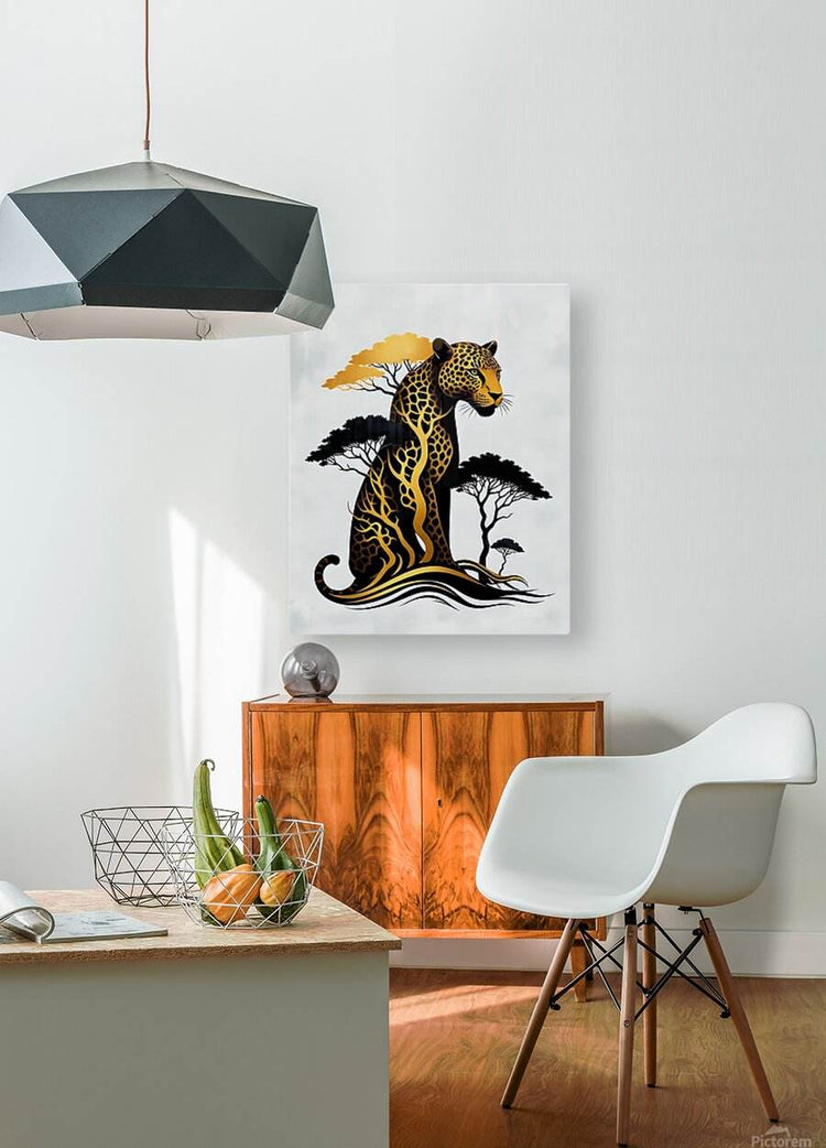 Jaguar wall art print on a white wall with gold-and-black tribal trees