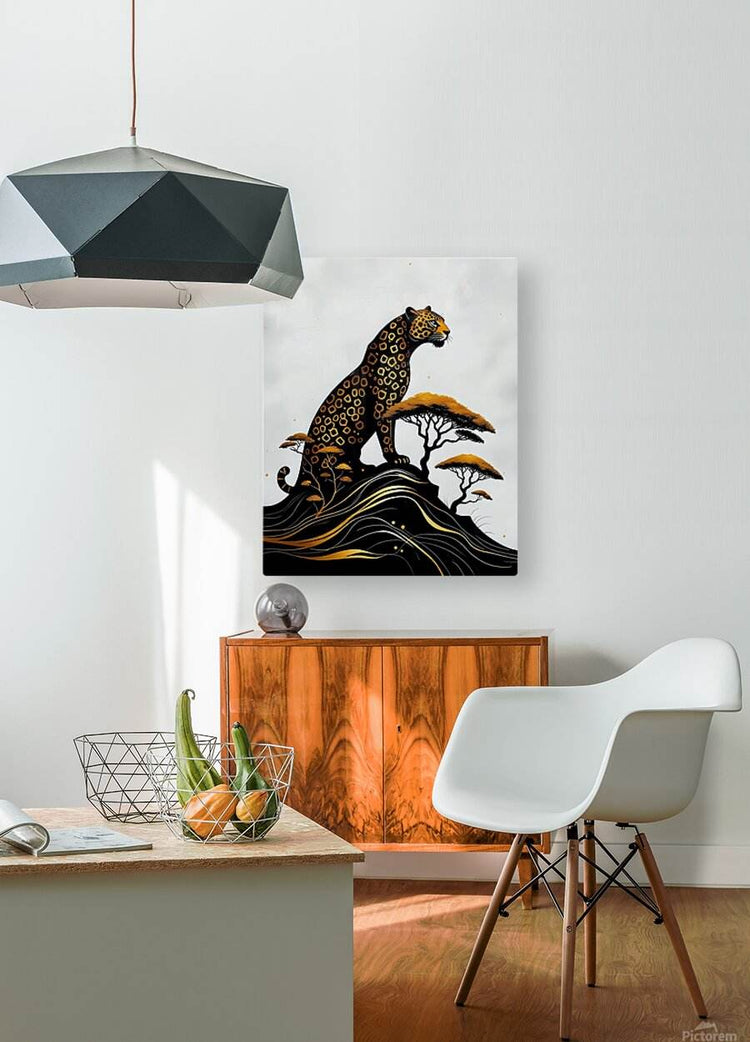 Stylized jaguar artwork with black wave lines, gold streaks, and white tree silhouettes
