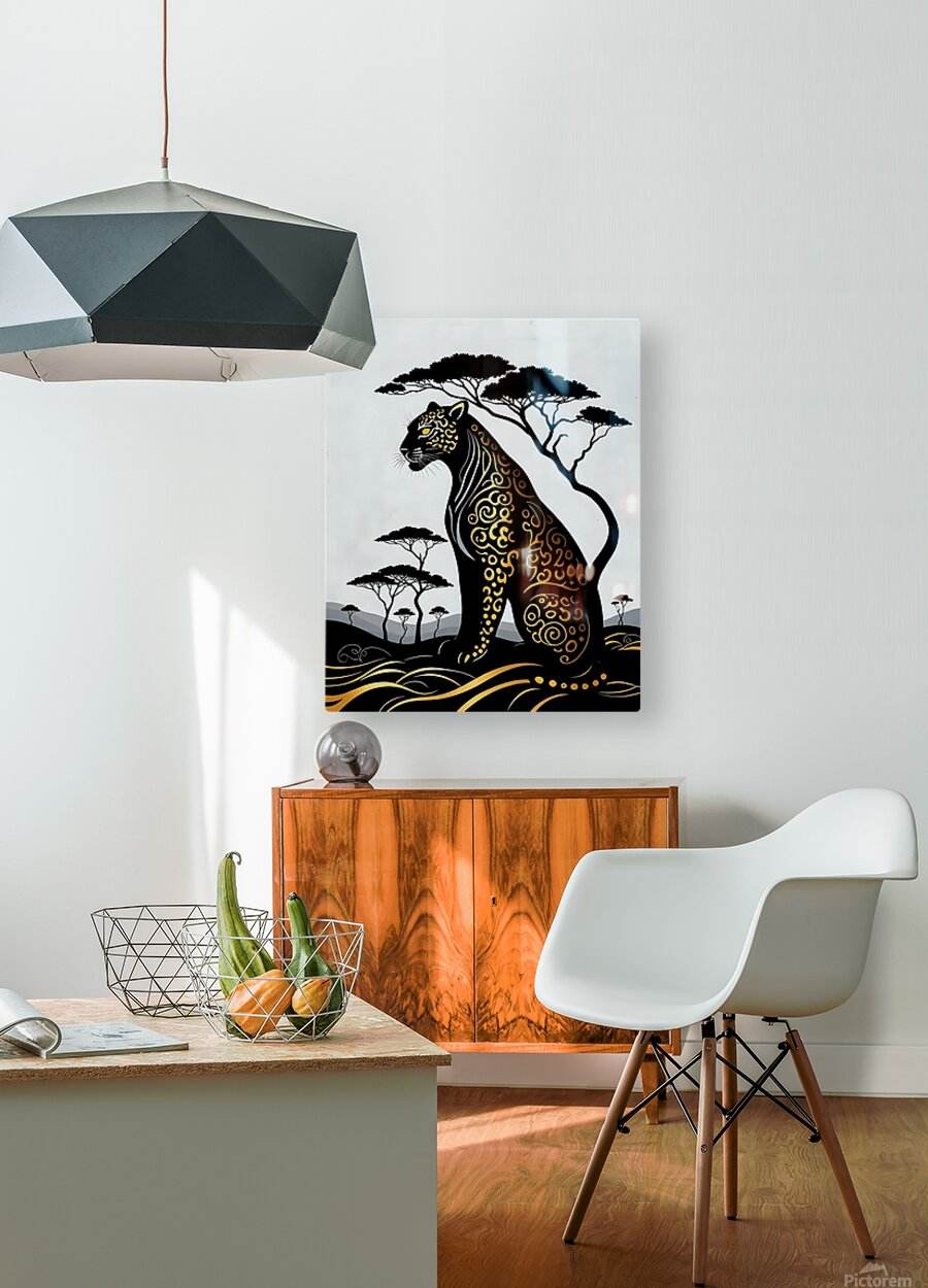 Leopard art print with black tree silhouettes and gold swirls, small wall display