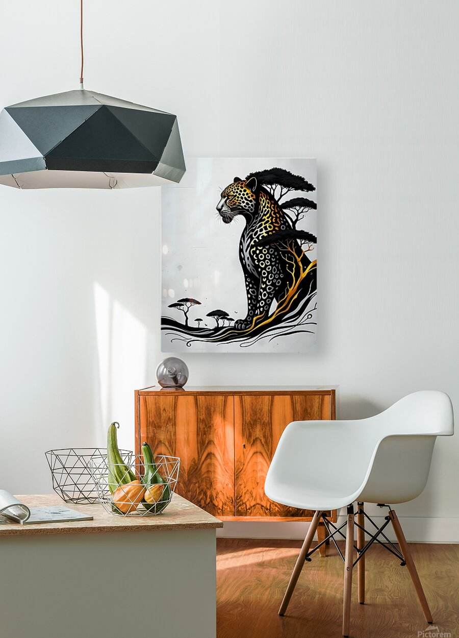 Jaguar wall art print with black-and-gold spots, trees, and swirling decorative lines