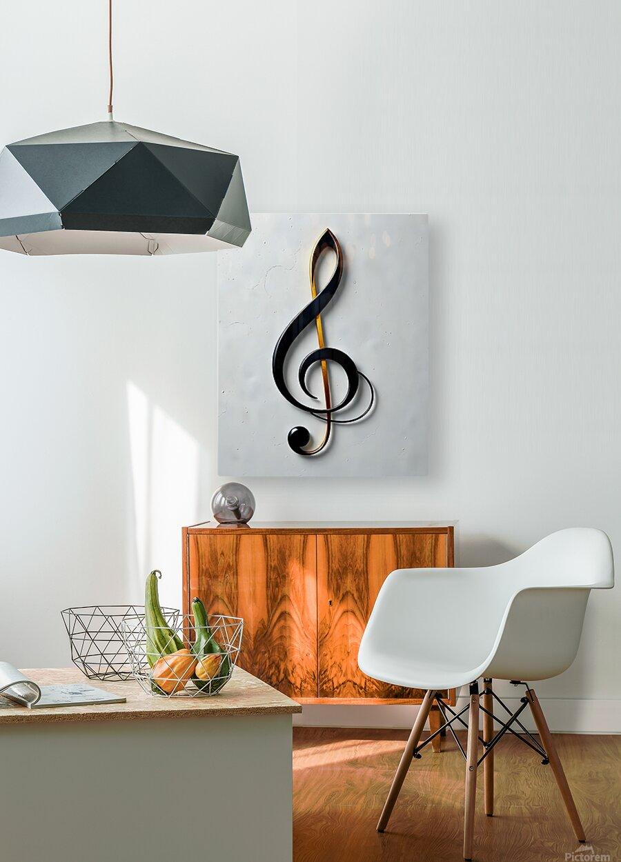 Mounted treble clef wall art with black curls and gold accent stripe through the stem