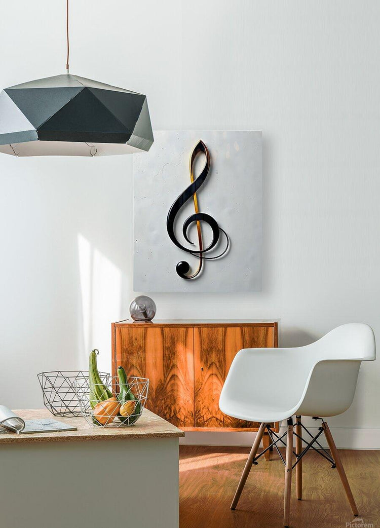 Mounted treble clef wall art with black curls and gold accent stripe through the stem
