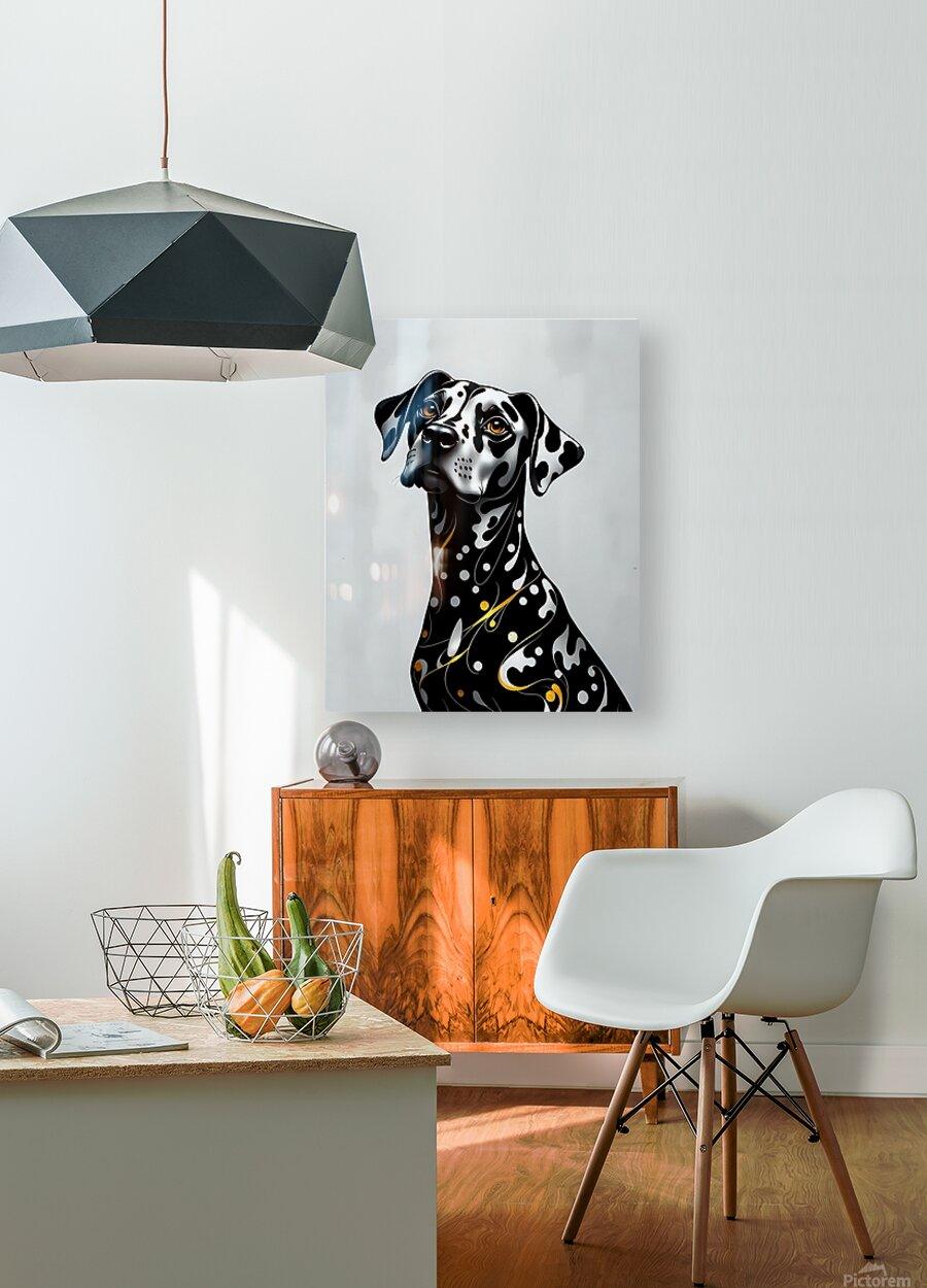 Dalmatian portrait wall art showing a black-and-white dog with orange eyes and gold accents