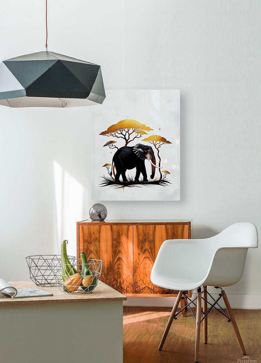Elephant and golden acacia tree wall art print featuring black elephants