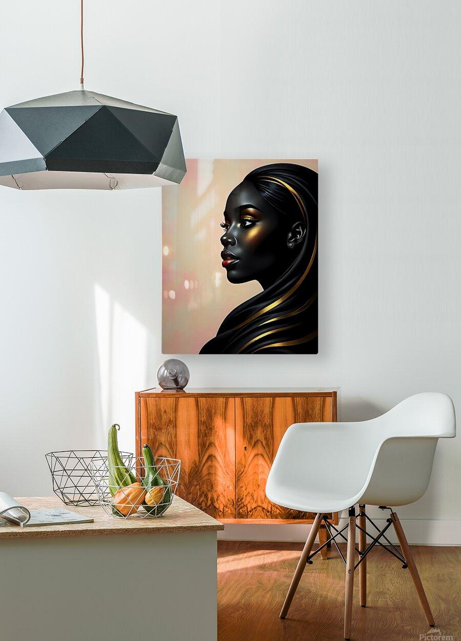 Portrait wall art on canvas: black woman's side profile with gold accents