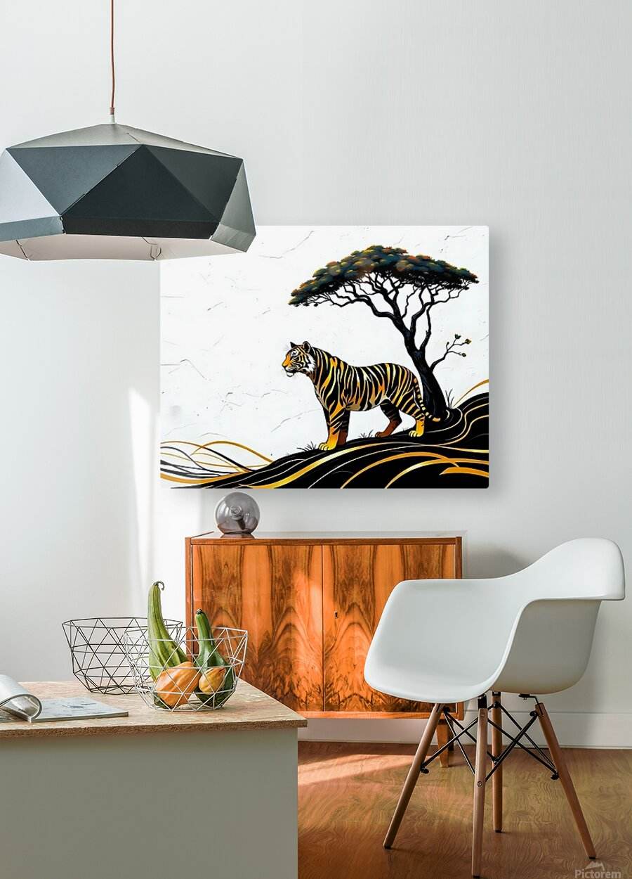 Safari tiger and savannah tree wall art with black, gold, and green accents