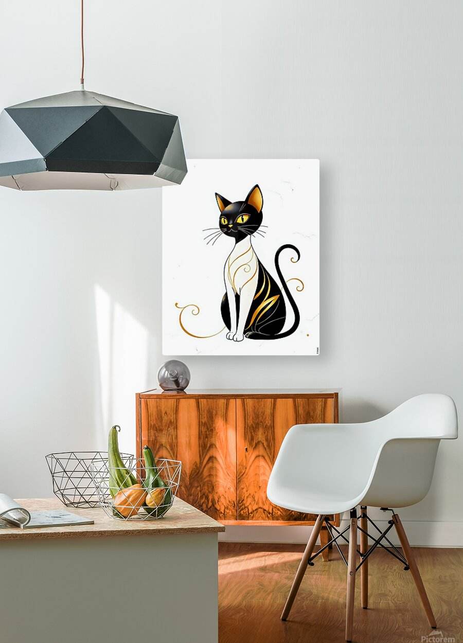 Cat art print on white wall, black cat with gold swirls and yellow eyes, full body