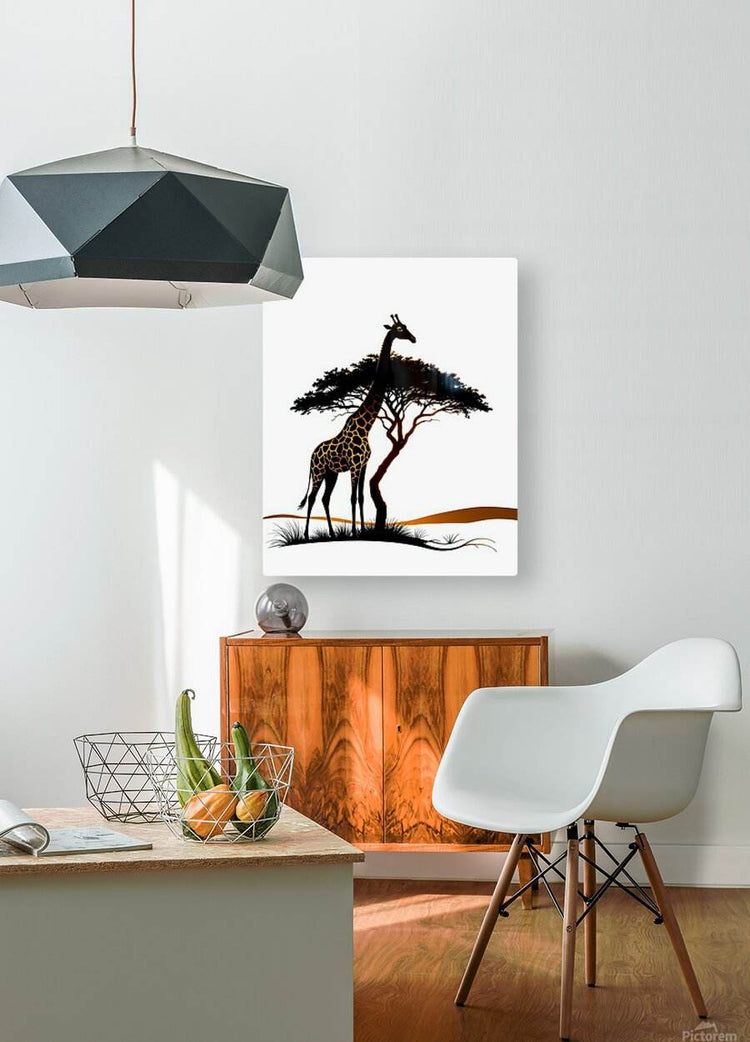 Giraffe print on wall with black tree silhouette and orange horizon stripe