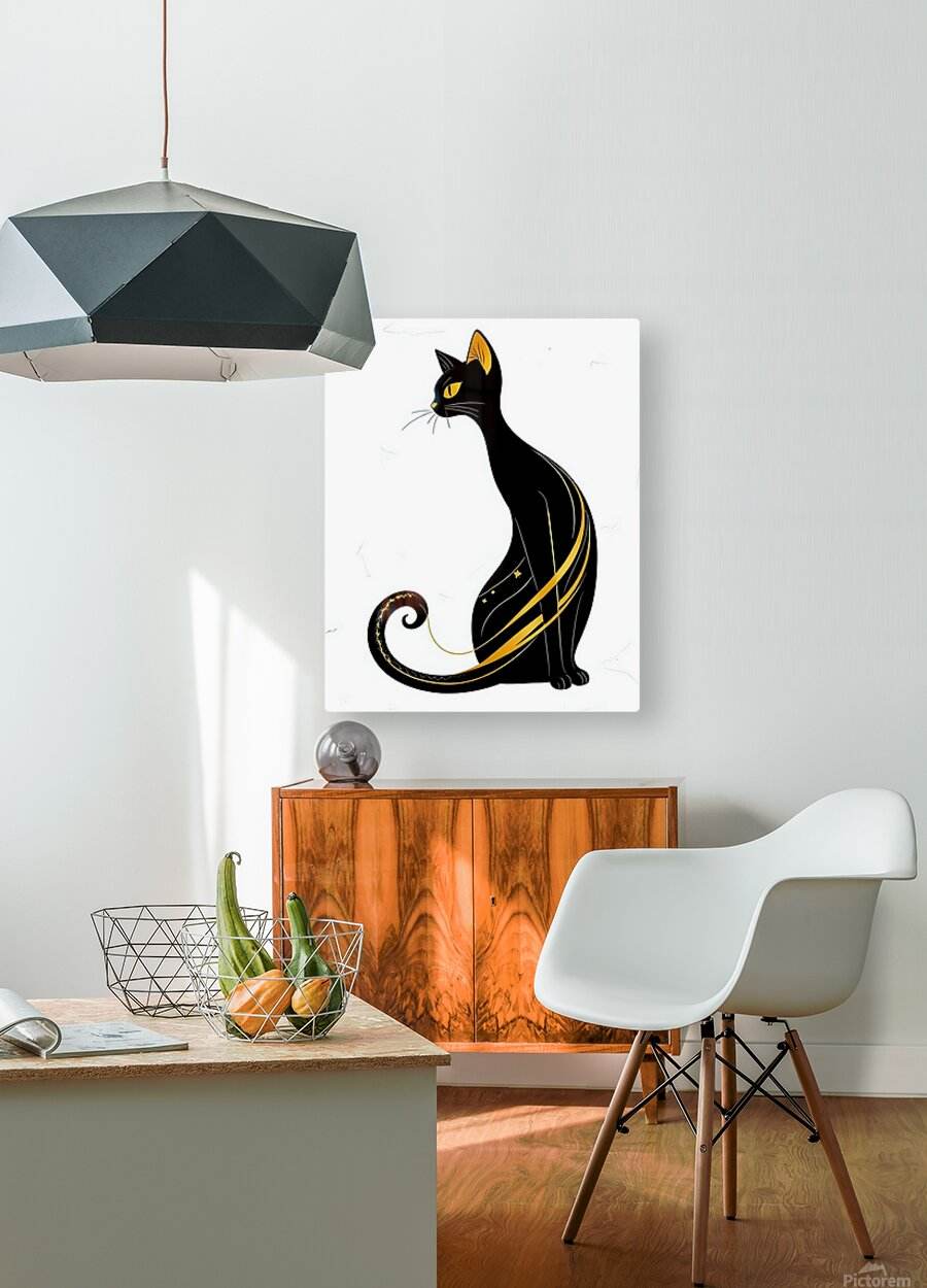 Cat art print: black cat with yellow lines and stars, curled tail pose