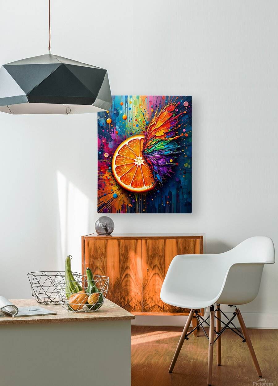 Abstract orange wall art with sliced citrus and rainbow splatter, mounted on frame.
