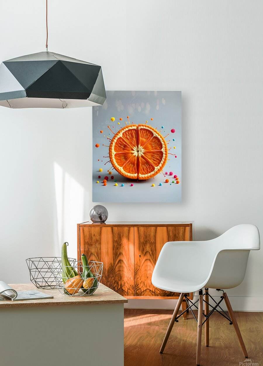Square canvas artwork with orange citrus slice and colorful dot splashes on light blue