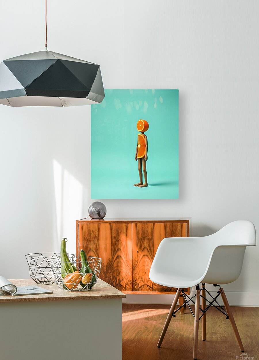 Surreal wall art print: orange-headed figure on turquoise square background